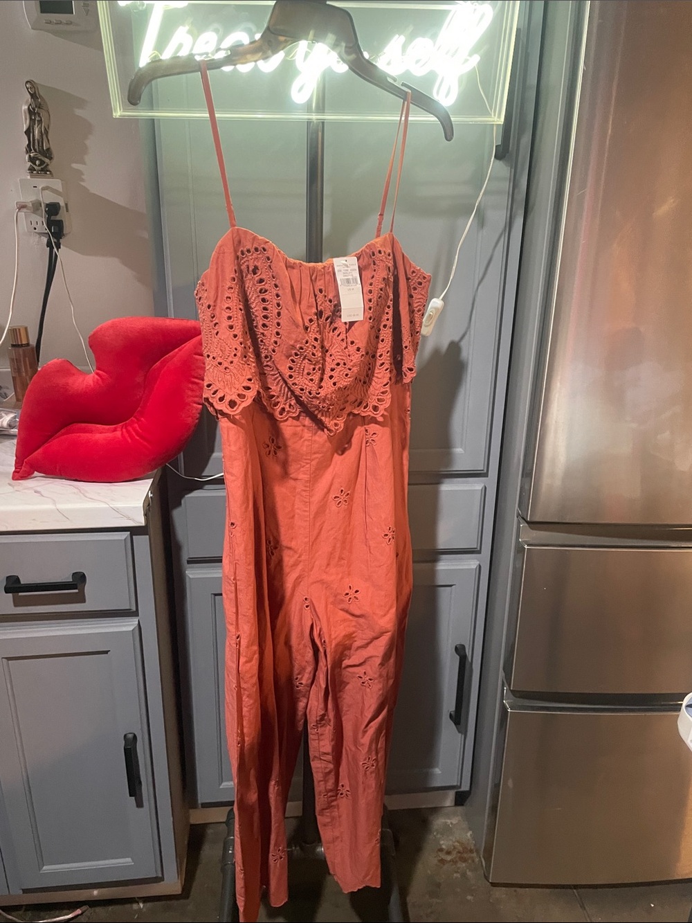 American Eagle Outfitters Orange Eyelet Strap Jumpsuit